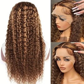 Highlight Ombre 13x4 HD Lace Front Wigs Human Hair 26 inch 4/27 Deep Wave Wig Human Hair 180% Density Honey Blonde Curly Glueless Lace Frontal Wigs Human Hair For Women Pre Plucked with Baby Hair