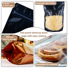 150-pack 7" x 10" Large Stand Up Mylar Bags with Clear Window 1 Quart Resealable Foil Pouches for Food Storage Smell Proof Edible Packaging Bag for Cookies and Small Business, Black Ziplock Bags Bulk