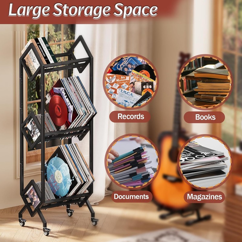 3 Tier Vinyl Record Storage Rack, Mobile Black Metal LP