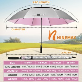 NINEMAX 62 Inch Golf Umbrella UV Potection, Auto Open Large UV Umbrellas Sun Blocking Double Canopy Vented Windproof for Sun Rain(Silver/Pink)