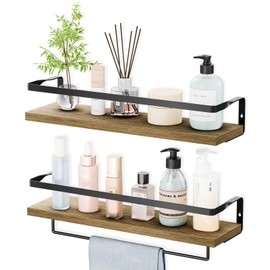 MDCXJXQC Bathroom Shelves with Towel Bar,Floating Shelves for Bathroom, Kitchen, Bedroom, Paulownia Wood, Matte Black Metal Frame - Set of 2 (Light Brown)