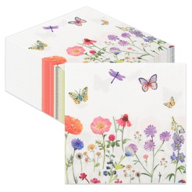 100 Stück Papierservietten mit Blumen, 33x33cm Servietten Frühling, Servietten Blumenwiese Schmetterlinge Frühlingsdekoration Serviette für Picknicks Partys Hochzeiten Kommunionen