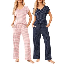 Ekouaer 2 Pack Womens Pajamas Short Sleeve Sleepwear Top with Pants Super-Soft Printed Lounge Sets S-XXL