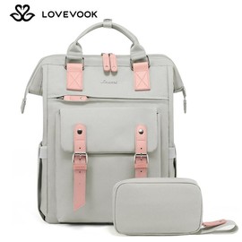 LOVEVOOK Fall Laptop Backpack with USB Port ,College School Backpack with Anti-Theft Pocket,Stylish Work Bag for Teacher, Nurse, Travel:_Grey-pink_17.3" - 12"L x 5.7"W x 18.5"H