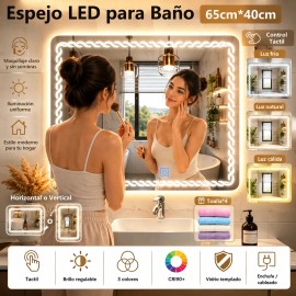 Espejo Rectangular de Baño con Luz LED Táctil, 3 Tonos y Dimensiones 65x40 cm de LuzMascota