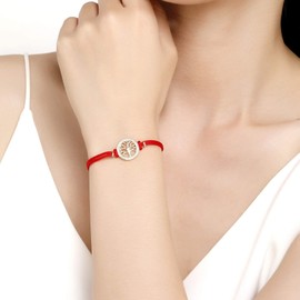 Jrêveinfini Tree of Life Bracelet Women's 925 Sterling Silver with 3A Cubic Zirconia, Handmade Braided Cord Bracelet, Adjustable 14 + 9 cm, Sterling Silver, Red cords, gold