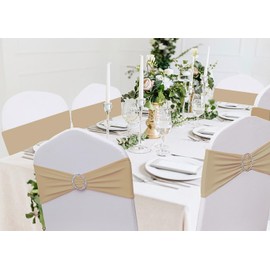 JFDYDM 50 Pack Spandex Nude Chair Sashes with Buckle Slider for Wedding Party Birthday Baby Shower Decor, Khaki Chair Bows Sashes for Banquet Events Decor