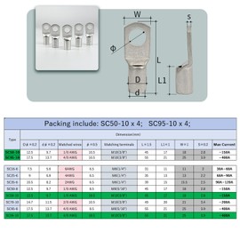 Gloaso Tinned Copper Battery Lugs Kit Heavy Duty - 4/0 Awg 3/8" Posts Eyelet Battery Terminals Lug 4 Pack+ 1/0 Awg 3/8" Studs Cable Lugs Crimp Ring Terminals Connectors 4 Pack