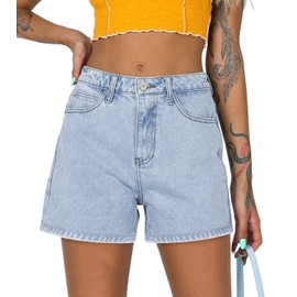 onlypuff Womens High Waisted Denim Shorts Stretchy Jean Shorts Mid Waisted Straight Leg Summer Hot Shorts Light Blue L