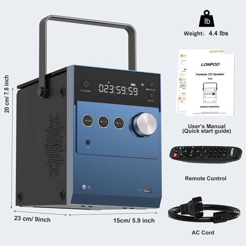 LONPOO Portable CD Player Boombox | 20W Stereo Sounds| Rechargeable