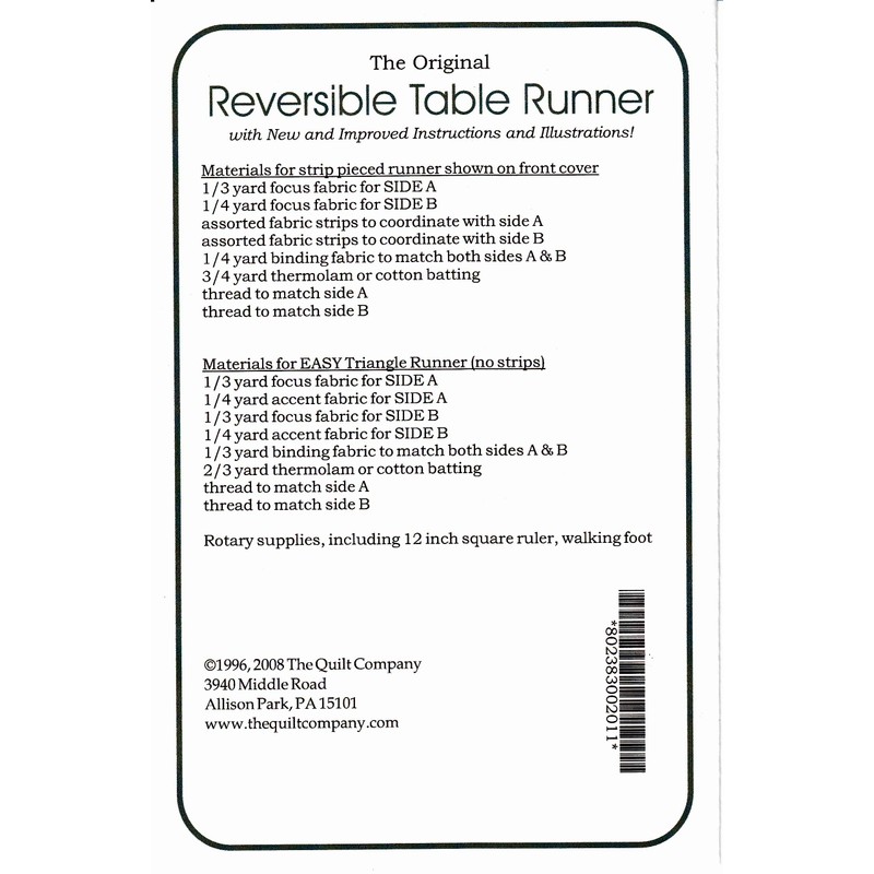Reversible Table Runner Pattern, by Quilt Company PA