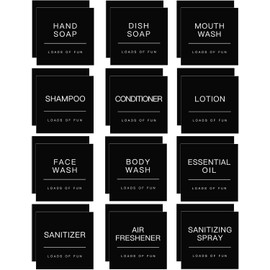 HVSWLY - Etiquetas adhesivas de baño para organizar, etiquetas impermeables para botellas y frascos, jabón de manos y loción, champú acondicionador de jabón (24 unidades, negro)