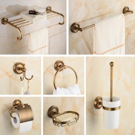 7 Piece Antique Brass Gold Bathroom Accessories Set - TooCust Brushed Brass 24” Towel Holder - Wall Mounted Bathroom Hardware Kit