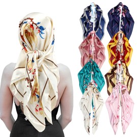 8 Pañuelos de Seda de 35 Pulgadas Bufanda de Satén Cuadrada para Cabello Pañuelos Ligeros para Cabeza Mujer Niñas (Floral)