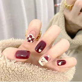 24 Pcs Red Press on Nails with Hearts Christmas Short Square Fake Nails Santa Claus Cute Xmas Designs False Nails Full Cover Artificial Acrylic Nails Christmas Gift for Women DIY Xmas Nail Decor