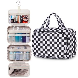 Narwey Large Checkered Hanging Travel Toiletry Bag for Women Wash Bag Cosmetics Makeup Bag Organizer for Full Size Accessories (Checkerboard Black (Large))