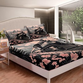 Homemissing Train Fitted Sheet Single Size For Kids Girls Boys Teens Floral Print Bedding Set 60S 70S Bed Sheet Set Flowers Pattern Botanical Blossom Bed Sheet with 1 Pillowcase，No Flat Sheet