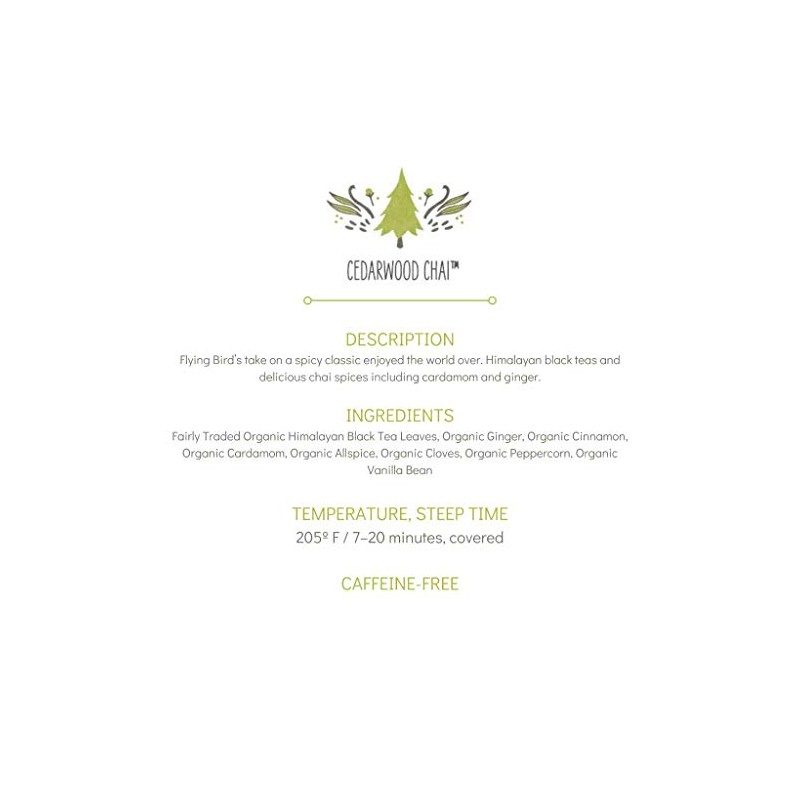 Flying Bird Botanicals Exotic Tea , Cedarwood Chai, 15 Count