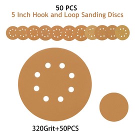 SUPBICCO 5 Inch 8 Hole Sanding Discs Hook and Loop, 50 PCS 320 Grit Sand Paper Disc for Random Orbital Sander, Gold Sandpaper Pads for Automotive and Woodworking