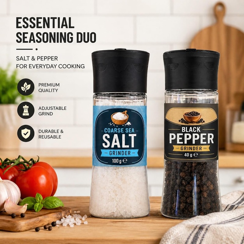Salt and Pepper Grinder Set 2 Pack Sea Salt 100g