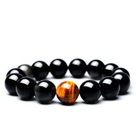 Pingyongchang Tiger Eye Black Obsidian Beaded Bracelet Natural Stone Bracelets with a Unique Match 10MM or 12MM Beads Ancient Traditional Fashion Punk Meditation Jewelry Gift for Men Women-10
