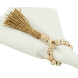 Fennco Styles Handmade White Mango Wood Bead Tassel Napkin Rings, Set of 4 - Rustic Wooden Napkin Holders for Home, Dining Table, Banquet, Family Gathering, Holiday, Farmhouse and Special Event