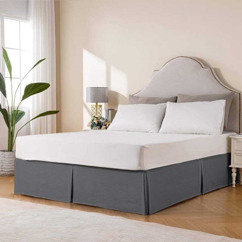 MIYE Pleated Waffle Weave Bed Skirt, Tailored Dust Ruffle 16