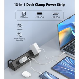 45W Fast Charging Station,Desk Clamp Power Strip,4 PD USB-C Ports,5 AC Outlets,Surge Protector Power Strip, 14AWG Heavy Duty Cord, Fits 1.9" Tabletop Edge (Black, 10 FT Cable)