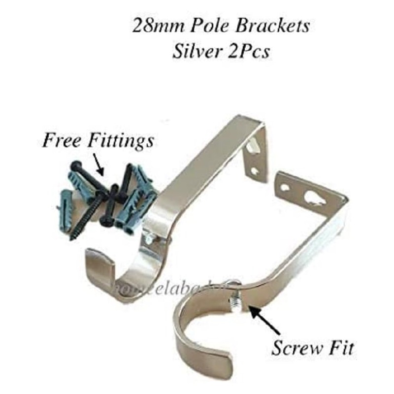 Silver Curtain Rod Brackets Set with Screws for Poles 28mm