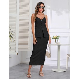 FIOPHY Women's 2 Piece Skirt Sets Summer Lounge Sets Sleeveless Knit Sweater Top & Dress Travel Resort Beach Wear Outfits Black L