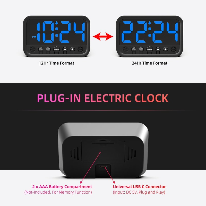 Small LED Digital Clock for Bedroom, Loud Alarm Clock for