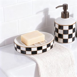 Ceramic Checkered Soap Dish,Black&White Soap Dish for Bathroom Sink, Bar Soap Holder for Bathroom Decorative Counter,Checkered Deco (Black)