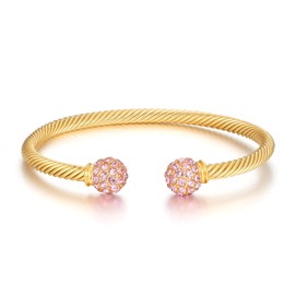 THE BLING KING New 4mm Gold Plated Ball Torque Bangle Bracelet with Stones – 7.5/8 Inch, 17g (Gold with Pink stones)