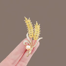 Crystal Wheat Brooch Pin Yellow Wheat Spike Brooch Pearl Brooch Rhinestone Brooch Lapel Pins Clothing Hat Bag Suit Jewelry Accessories for Women (Gold1)