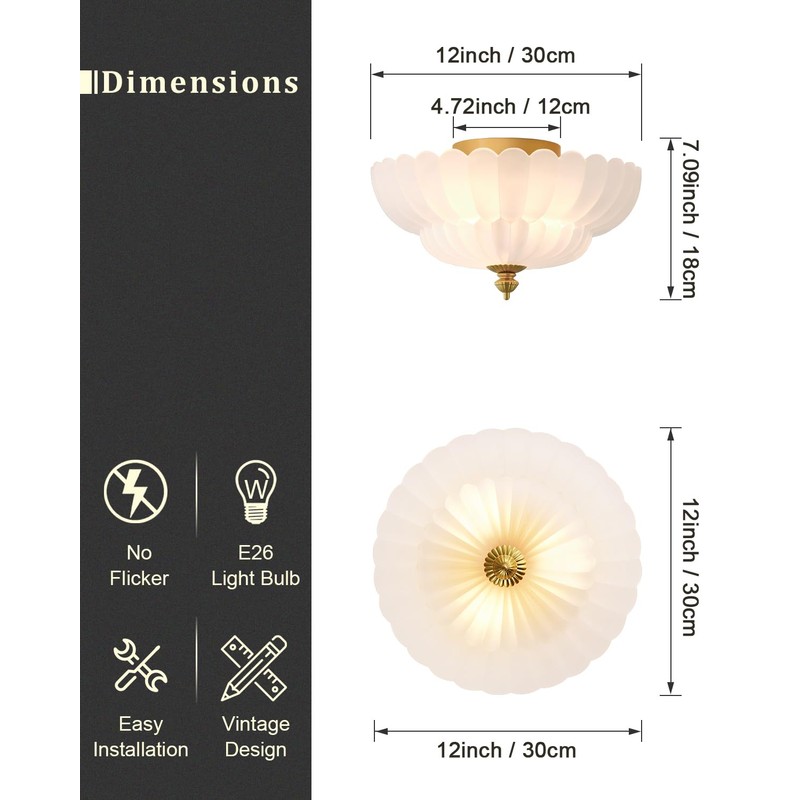 ANYLOVE Modern 12Inch Frosted Glass Flower Glass Semi Flush Mount