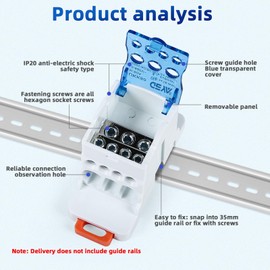 Jadeshay Junction Terminal Rail UKK-80A 1 in 6 Out Main Cable Junction Terminal Distribution Box Terminal Blocks DIN Rail for Electrical Engineering Distribution Cabinets