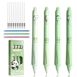 Set of 4 Erasable Ballpoint Pens with Eraser, Panda Theme Erasable Pens Set, 0.5 mm Eraser Pen, Thermal Gel Pens, Rollerball Pen Erasable with 3 Erasers and 10 Refills (Black)