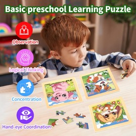 Puzzles for Toddlers 2-4，9 Piece Farm Animals ＆ Pets Wooden Jigsaw Puzzles for Kids Ages 3-5 Year Old，8 Packs Preschool Learning Activities, Learning & Educational Toys, Gift for Boys, Girls