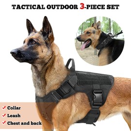 Tactical Dog Harness Dog Collar and Lead Set of 3 - ALLSOPETS Dog Harness for Medium Large Dogs Dog Vest Harness with Dog Collar and Lead for Outdoor Training Walking Green M