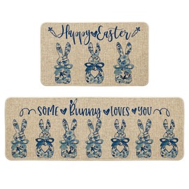 Artoid Mode Carrots Dots Blue Rabbit Bunny Easter Kitchen Mats Set of 2, Spring Home Decor Low-Profile Kitchen Rugs for Floor - 17x29 and 17x47 Inch