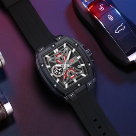 MF MINI FOCUS Men's Watch Analog Fashion Wrist Watch, Skeleton Tonneau Watch for Men with Chronograph,Ideal for Sports Enthusiasts and Daily Wear (All_Black)