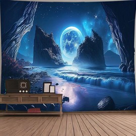 FENDROM - Tapiz de planeta, luna, noche, galaxia, espacio, paisaje místico, montaña, tapices de fantasía, estético, río, mágico para colgar en la pared, para recámara, sala de estar