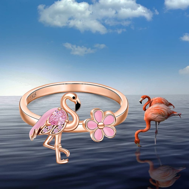 Flamingo Ring 925 Sterling Silver Pink Flamingo Rings for Women