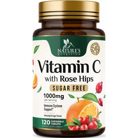 Vitamin C Chewable 1000mg - Extra Strength Antioxidants for Powerful Immune Support w/Vitamin C & Rose HIPS - Potent Dietary VIT C Chews Supplement, Natural Orange Flavor, Vegan, Non-GMO - 120 Tablets