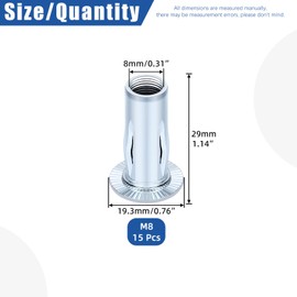 Glarks 15pcs M8 Multi-Grip Rivet Nuts Set White Zinc Plated Carbon Steel Flat Head Rivnut Pre Bulbed Shank Threaded Insert Rivet Nuts for Construction Industrial