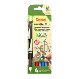 Pentel BL77E-4 EnerGel Eco Retractable Gel Rollerball Pen, Made with 79% Recycled Materials, Set of 4 - Black/Red/Blue/Green, 1 Piece (Pack of 4)