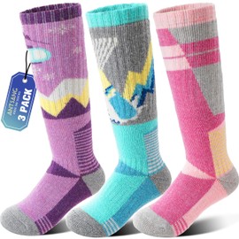 ANTSANG Kids Merino Wool Ski Socks for Girls Boys Teen Thermal Thick Warm Winter Hiking Knee High Stocking Stuffers Socks for Skiing Snowboarding(Purple/Green/Pink,8-12 Y)