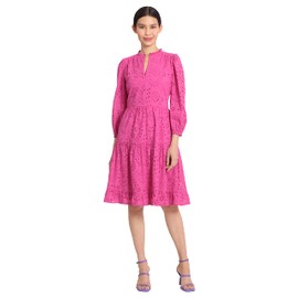 Maggy London Women's Mini Ruffle Mock Neck Eyelet Dress with Tiered Skirt, Very Berry