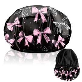 Cabreche Luxury Shower Cap Terry Lined Reusable Triple Layer Waterproof Hair Elastic Caps Shower Bath Hat for Women Girls Cute Aesthetic-Bowknot