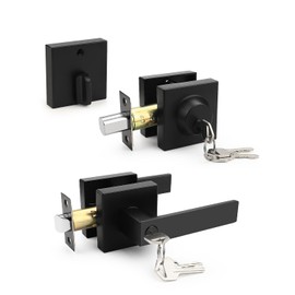 Tinewa Square Keyed Alike Front/Exterior Door Lever with Single Cylinder Deadbolt, Flat Black Entry Door Knob Lock Set with Deadbolt Combination Sets, for Entrance/Front and Office Doors,1 Pack